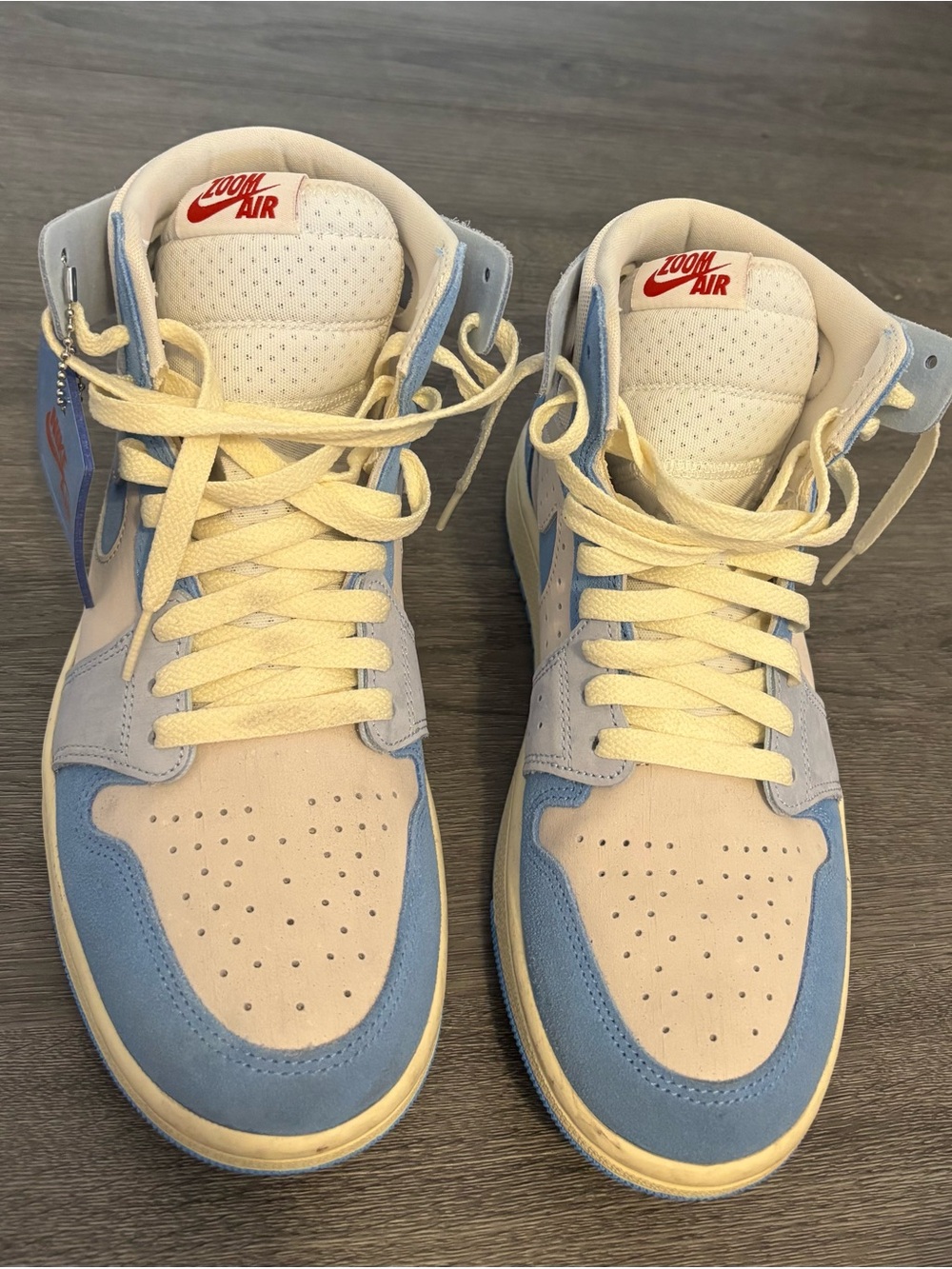 Jordan Nike High-Top Sneakers in White, Light Blue & Cream